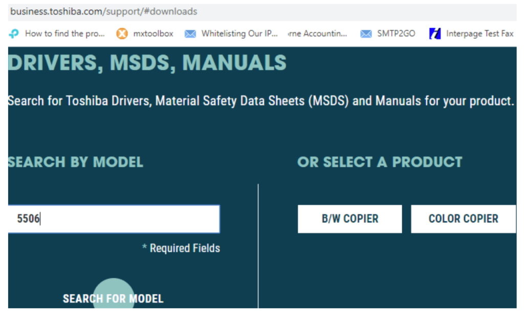 how to find the correct toshiba printer driver for widows based on printer model