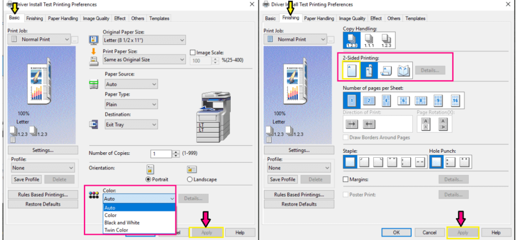 set up default printing preferences