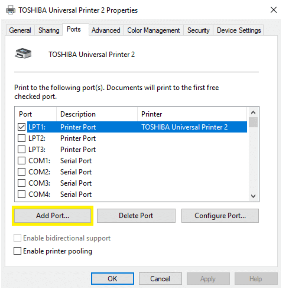 toshiba printer driver window add port