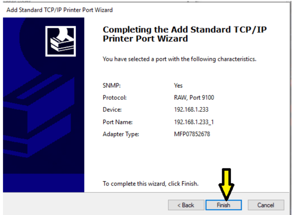 finish windows ip printer port