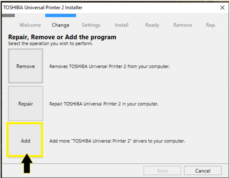 add toshiba driver program to windows