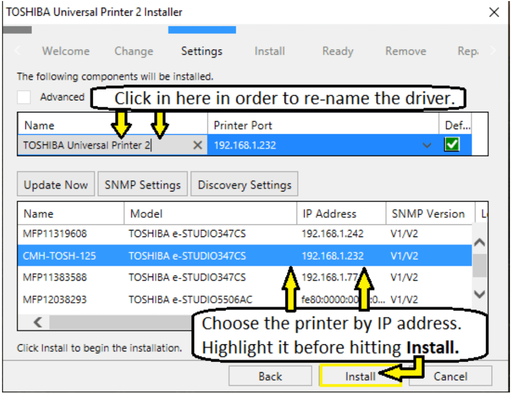 rename toshiba driver for windows and choose IP address