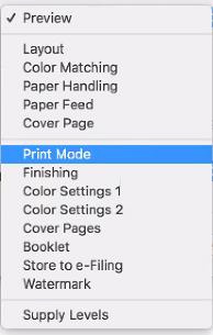 Print Mode and Color Settings in dropdown menu