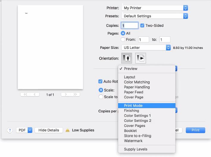 print mode selected mac