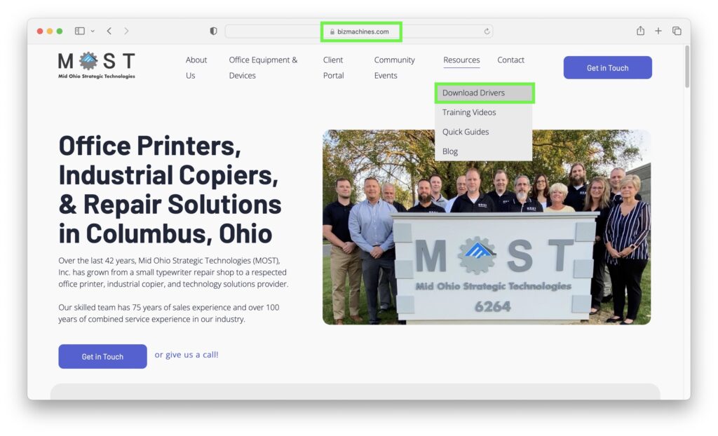 screenshot of Mid Ohio Strategic Technologies homepage directing to Resource and driver menus
