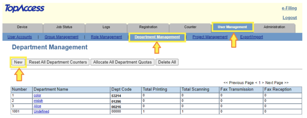 Toshiba Copier Department Code setup step 3