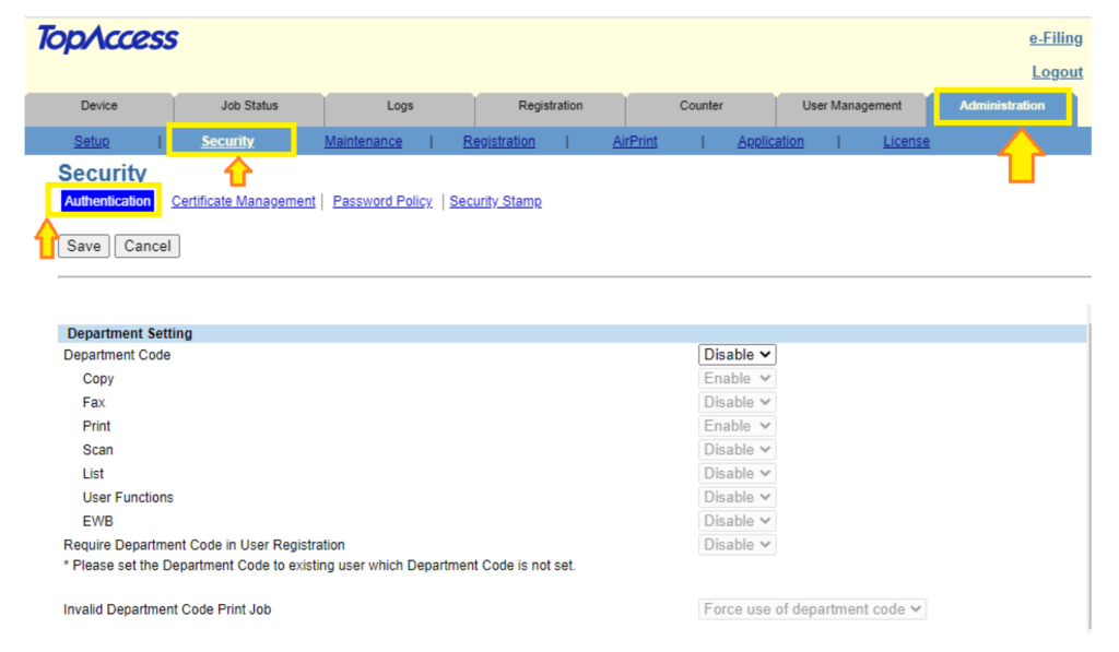 Toshiba Copier Department Code setup step 5