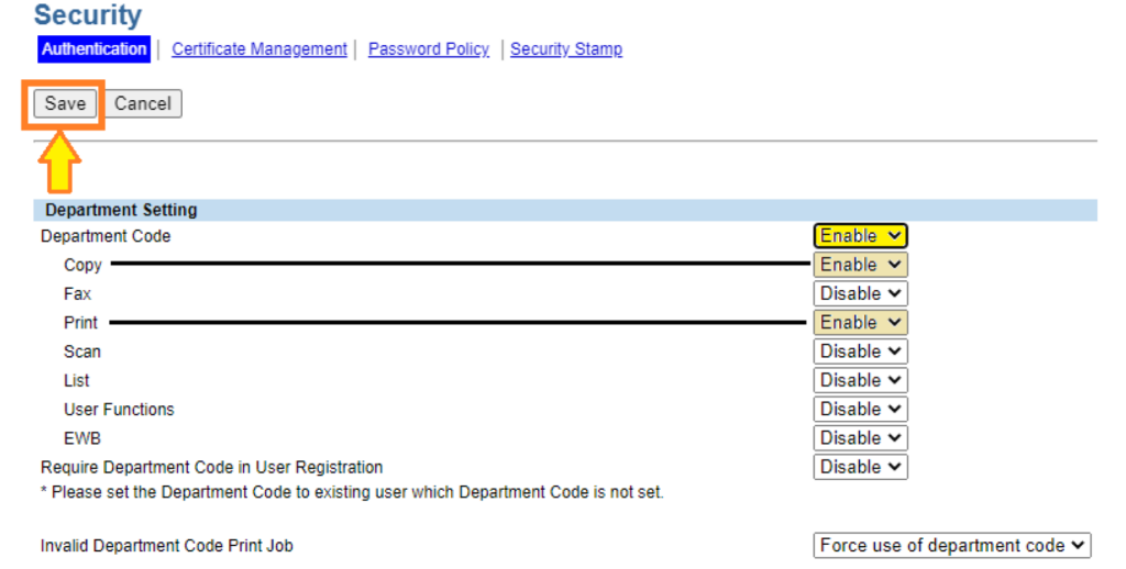 Toshiba Copier Department Code setup step 6